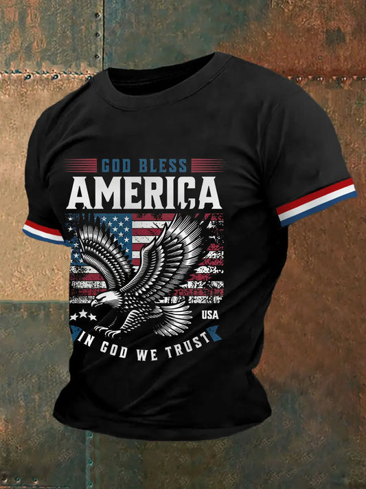 Men's God Bless America, In God We Trust American Flag Print Casual Tee prairieply