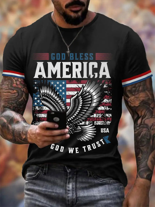 Men's God Bless America, In God We Trust American Flag Print Casual Tee prairieply