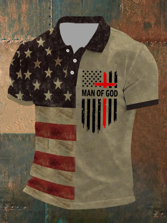 Men's Man Of God Cross America Flag Printed Short Sleeve POLO T-shirt prairieply