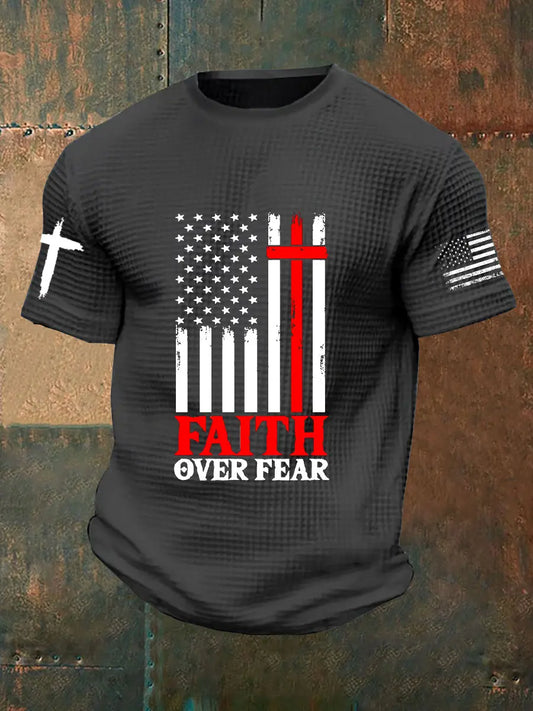 Men's Faith Over Fear America Flag Printed Waffle Short Sleeve - gracestitchs