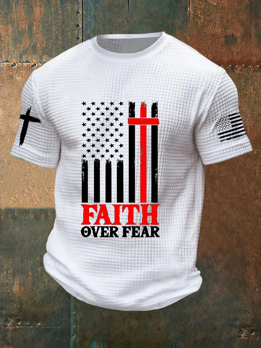 Men's Faith Over Fear America Flag Printed Waffle Short Sleeve - gracestitchs