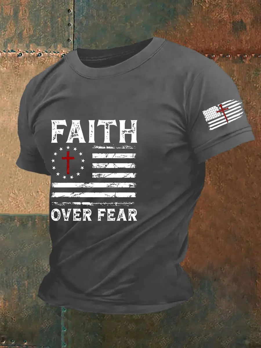 Men's Faith Over Fear America Flag Printed Short Sleeveshort T-shirt prairieply