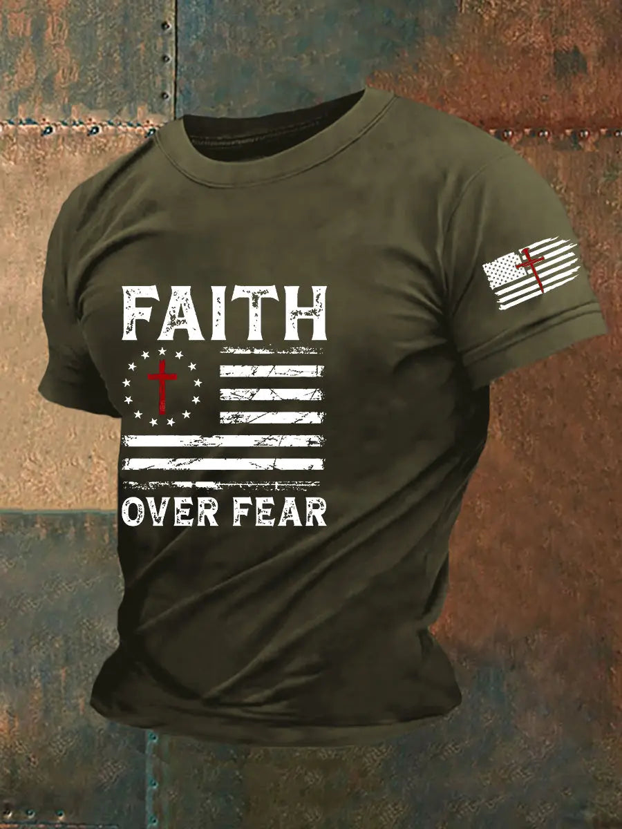 Men's Faith Over Fear America Flag Printed Short Sleeveshort T-shirt prairieply