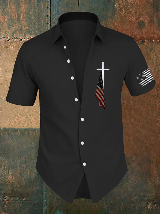 Men's Faith Cross America Flag Printed Short Sleeve Shirt prairieply