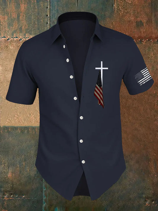 Men's Faith Cross America Flag Printed Short Sleeve Shirt prairieply