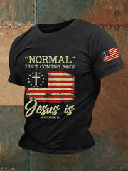 Men's Normal Isn't Coming Back,Jesus Is.Revelation 14 American Flag Casual Tee prairieply