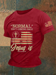 Men's Normal Isn't Coming Back,Jesus Is.Revelation 14 American Flag Casual Tee prairieply