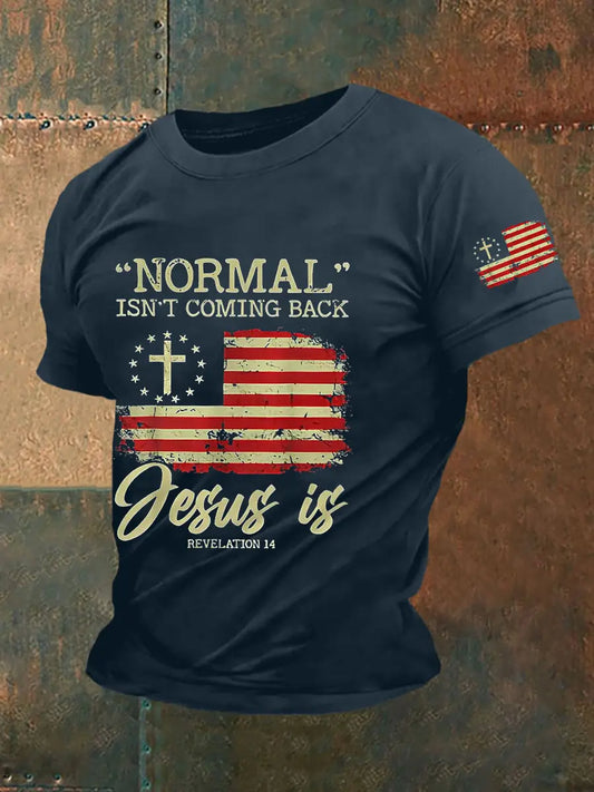 Men's Normal Isn't Coming Back,Jesus Is.Revelation 14 American Flag Casual Tee prairieply