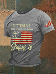 Men's Normal Isn't Coming Back,Jesus Is.Revelation 14 American Flag Casual Tee prairieply