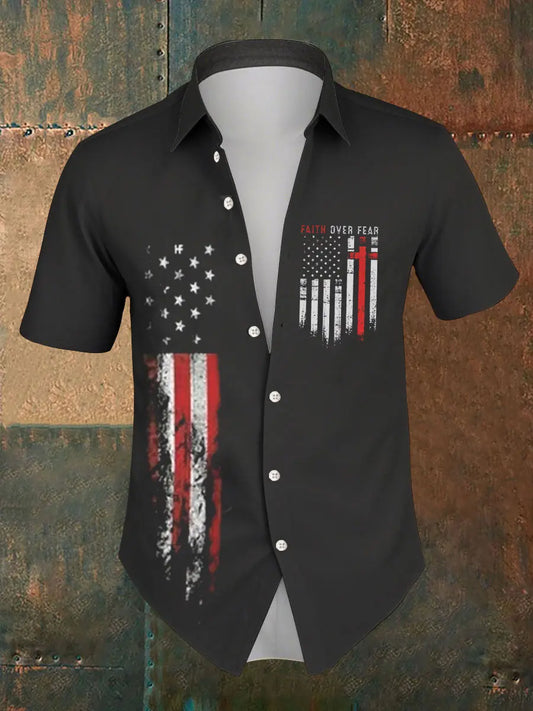Men's Faith Over Fear American Flag Printed Shirt prairieply