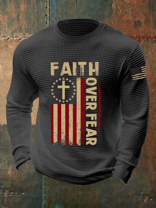 Men's Faith Over Fear American Flag Waffle Print Long Sleeve T-Shirt prairieply