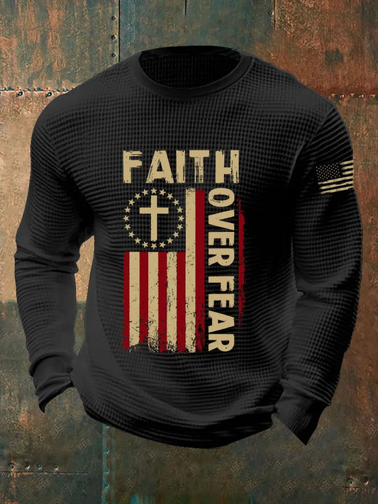 Men's Faith Over Fear American Flag Waffle Print Long Sleeve T-Shirt prairieply