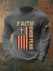 Men's Faith Over Fear American Flag Waffle Print Long Sleeve T-Shirt prairieply
