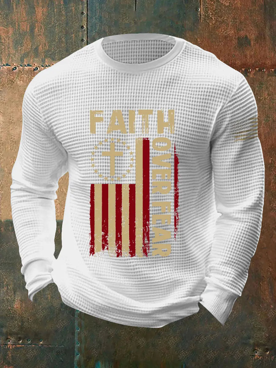 Men's Faith Over Fear American Flag Waffle Print Long Sleeve T-Shirt prairieply