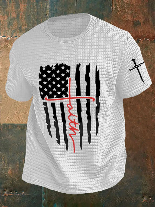 Men's Faith Cross America Flag Printed Waffle Short SleeveT-shirt prairieply