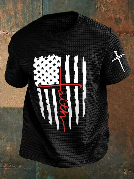 Men's Faith Cross America Flag Printed Waffle Short SleeveT-shirt prairieply