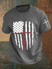 Men's Faith Cross America Flag Printed Waffle Short SleeveT-shirt prairieply