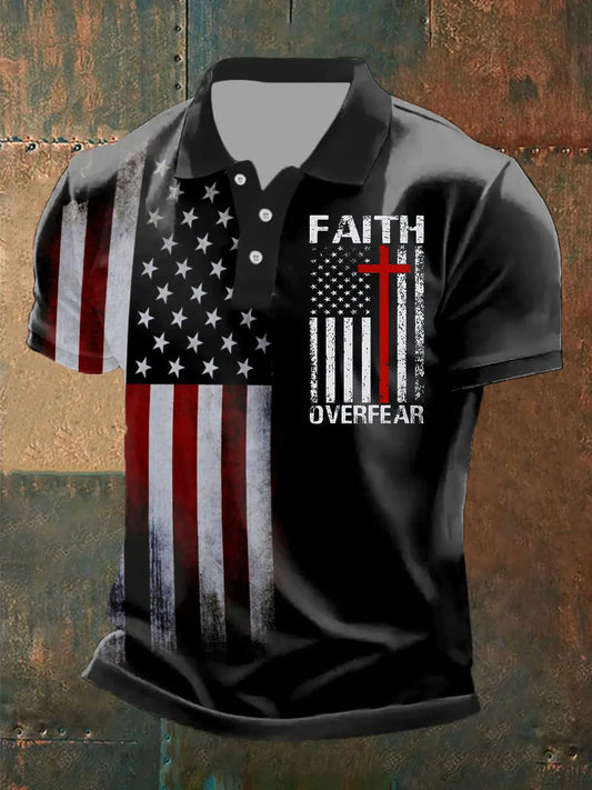 Men's Faith Over Fear American Flag Short Sleeve Polo Shirt - gracestitchs