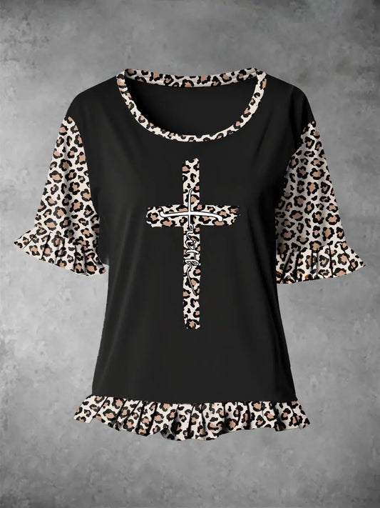 Women's Faith Leopard Print Ruffle Hem Stitching Tee gracestitchs