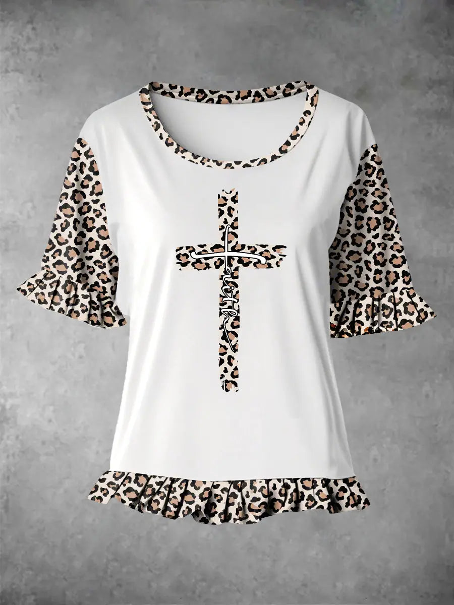 Women's Faith Leopard Print Ruffle Hem Stitching Tee gracestitchs