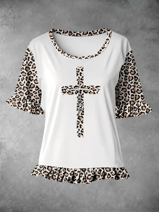 Women's Faith Leopard Print Ruffle Hem Stitching Tee gracestitchs