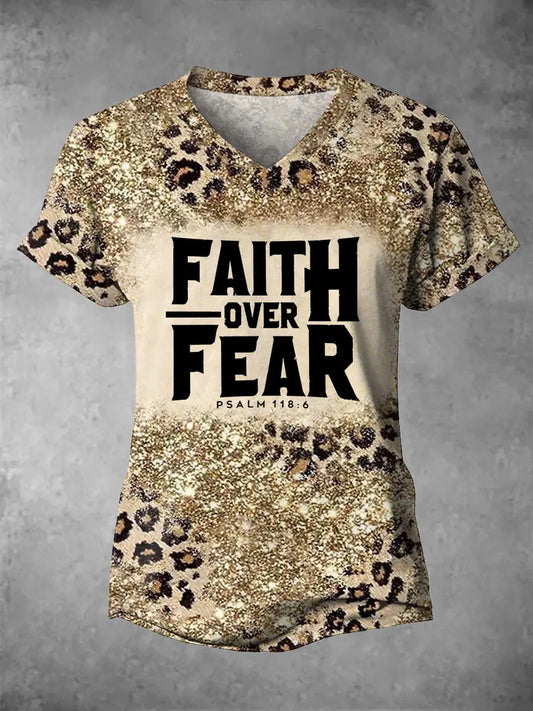 Women's Faith Over Fear Leopard Print Casual V-Neck Tee gracestitchs