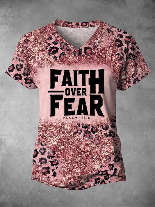 Women's Faith Over Fear Leopard Print Casual V-Neck Tee gracestitchs