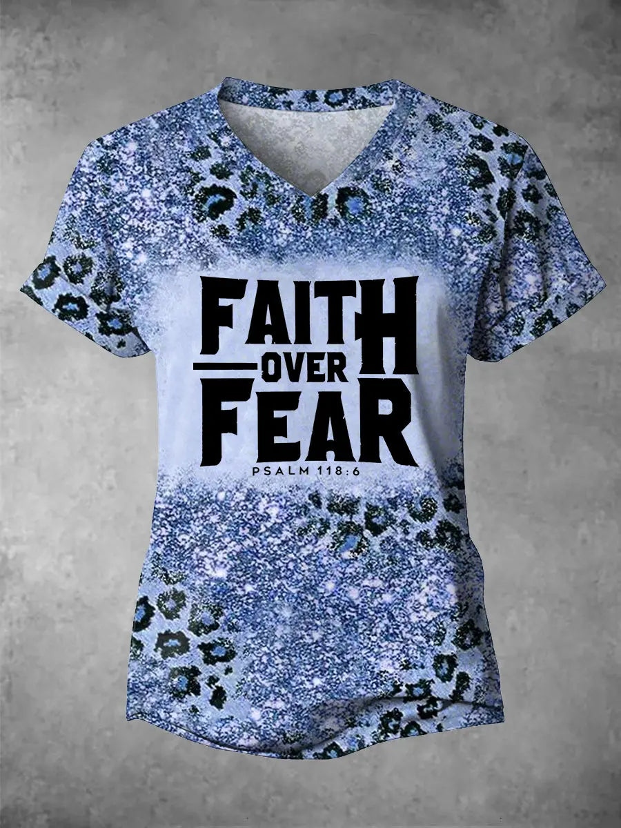 Women's Faith Over Fear Leopard Print Casual V-Neck Tee gracestitchs