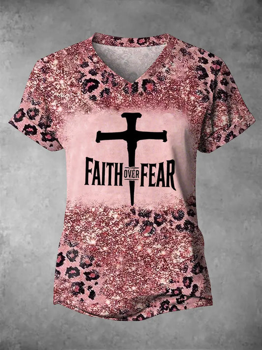 Women's Faith Over Fear Leopard Print Casual V-Neck Tee gracestitchs
