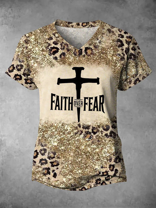 Women's Faith Over Fear Leopard Print Casual V-Neck Tee gracestitchs