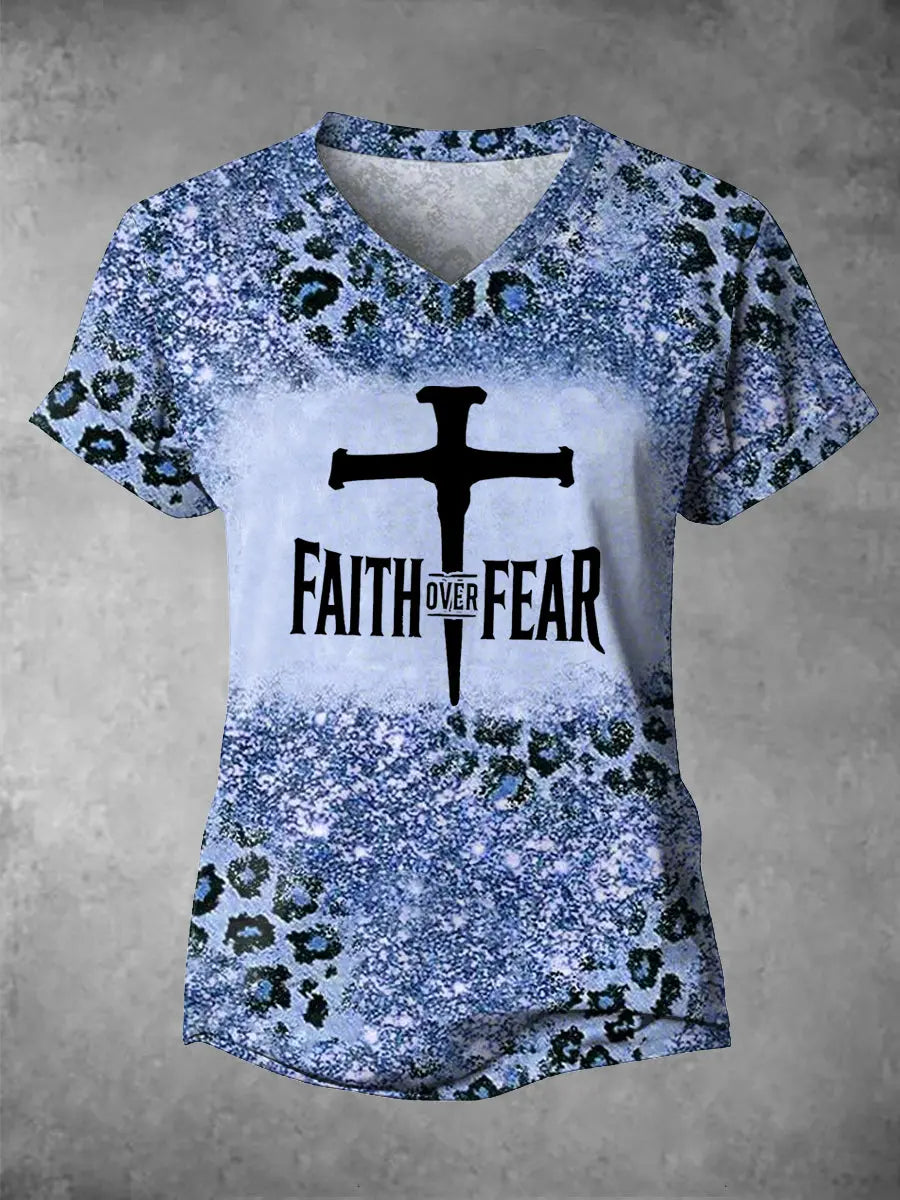 Women's Faith Over Fear Leopard Print Casual V-Neck Tee gracestitchs