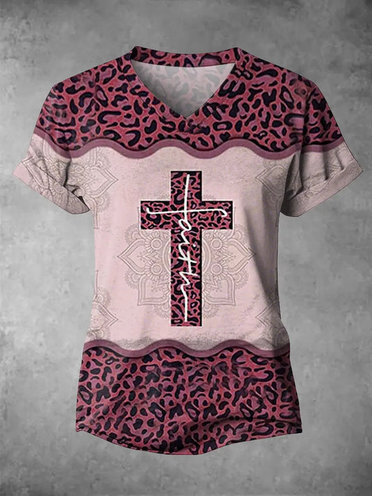 Women's Faith Cross Leopard Print Casual V-Neck Tee gracestitchs