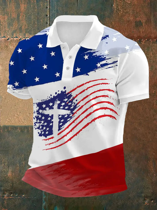 Men's Cross Faith American Flag Print Casual Polo - gracestitchs