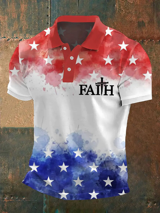 Men's Cross Faith American Flag Print Casual Polo - gracestitchs