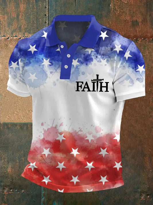 Men's Cross Faith American Flag Print Casual Polo - gracestitchs