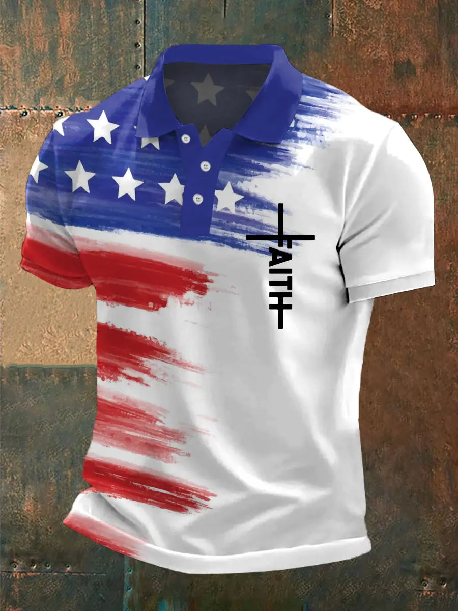 Men's Cross Faith American Flag Print Casual Polo - gracestitchs