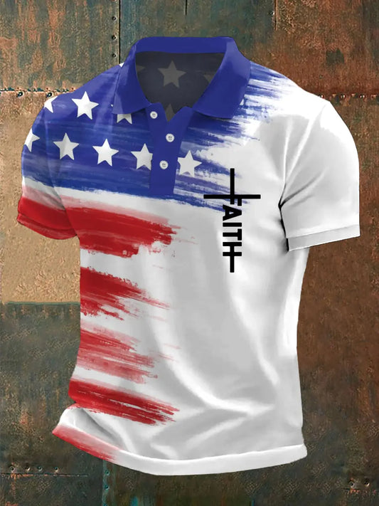Men's Cross Faith American Flag Print Casual Polo - gracestitchs
