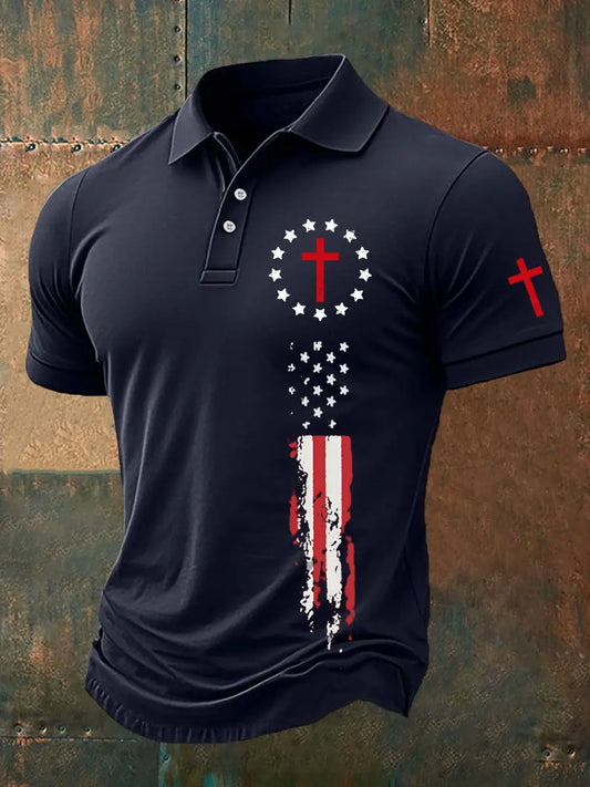 Men's Faith Cross American Flag Printed Casual Polo Shirt - gracestitchs