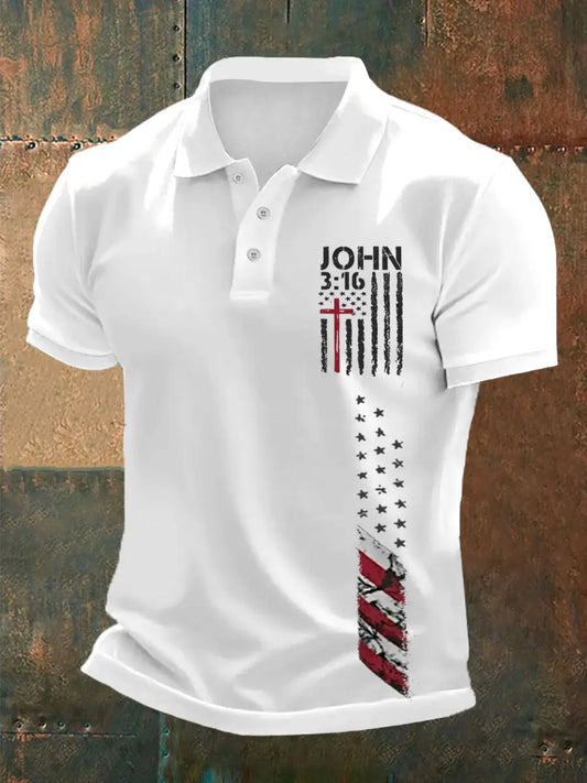 Men's Cross Faith American Flag Print Casual Polo - gracestitchs