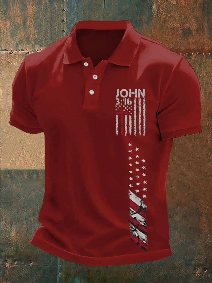 Men's Cross Faith American Flag Print Casual Polo - gracestitchs