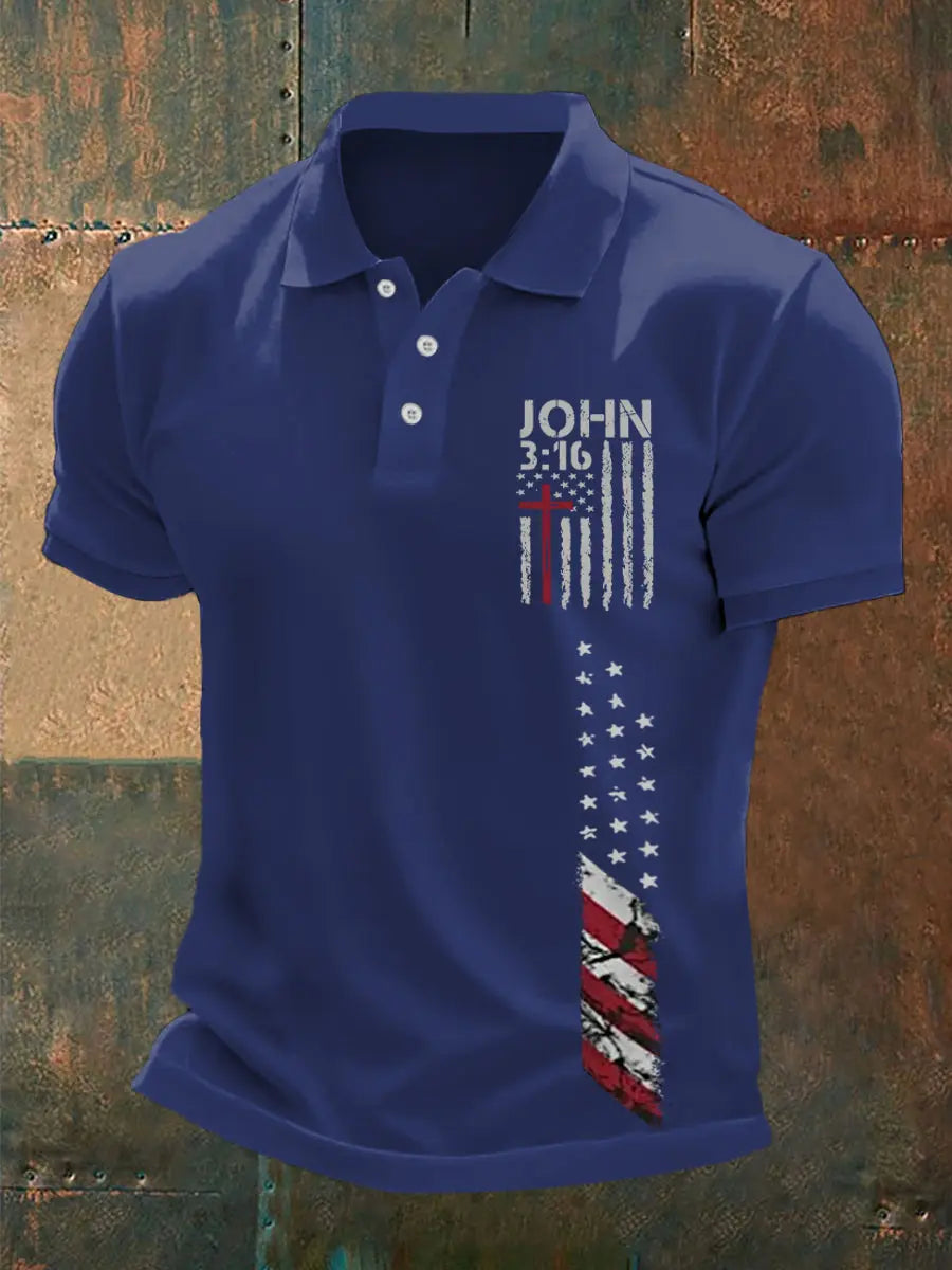 Men's Cross Faith American Flag Print Casual Polo - gracestitchs