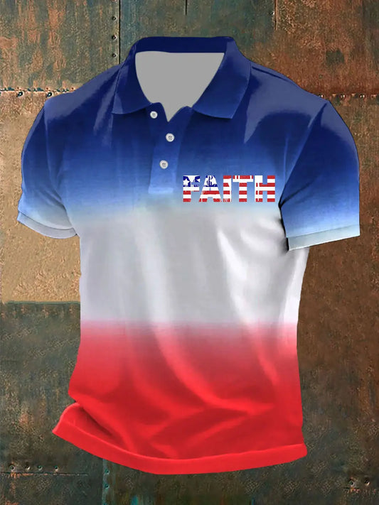 Men's Faith Cross American Flag Printed Casual Polo Shirt - gracestitchs