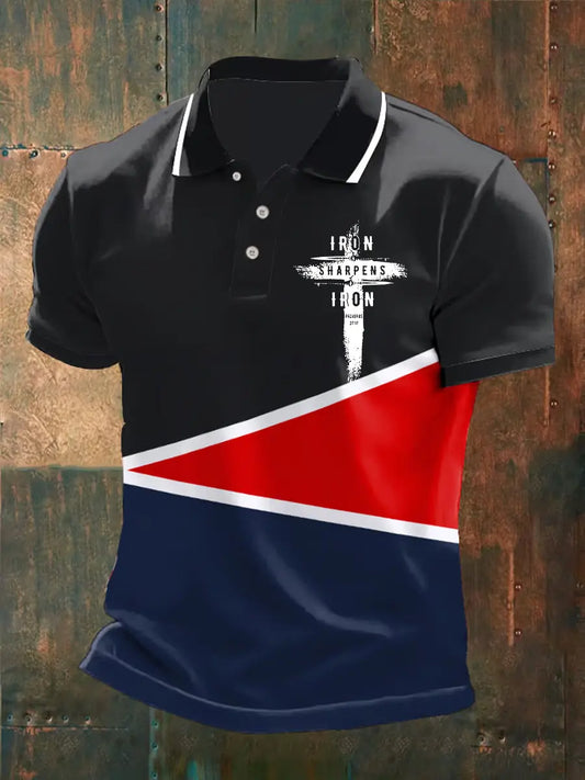 Men's Iron Sharpens Iron Faith Cross Printed Short-sleeved  POLO Shirt prairieply