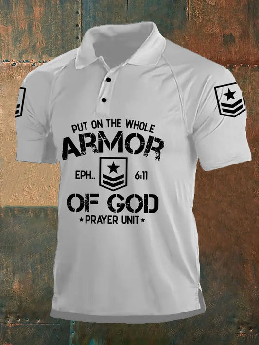 Men's Put On The Whole Armor Of God Print Three Buttons Shoulder Sleeve Polo - gracestitchs
