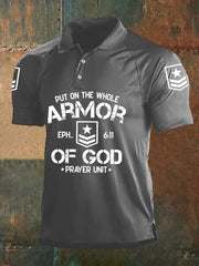Men's Put On The Whole Armor Of God Print Three Buttons Shoulder Sleeve Polo - gracestitchs