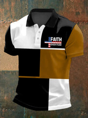 Men's Faith Over Fear Cross American Flag Colorblock Print Casual Polo - gracestitchs