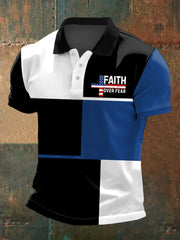 Men's Faith Over Fear Cross American Flag Colorblock Print Casual Polo - gracestitchs