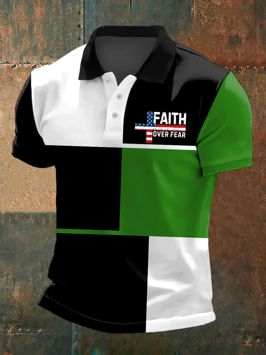Men's Faith Over Fear Cross American Flag Colorblock Print Casual Polo - gracestitchs