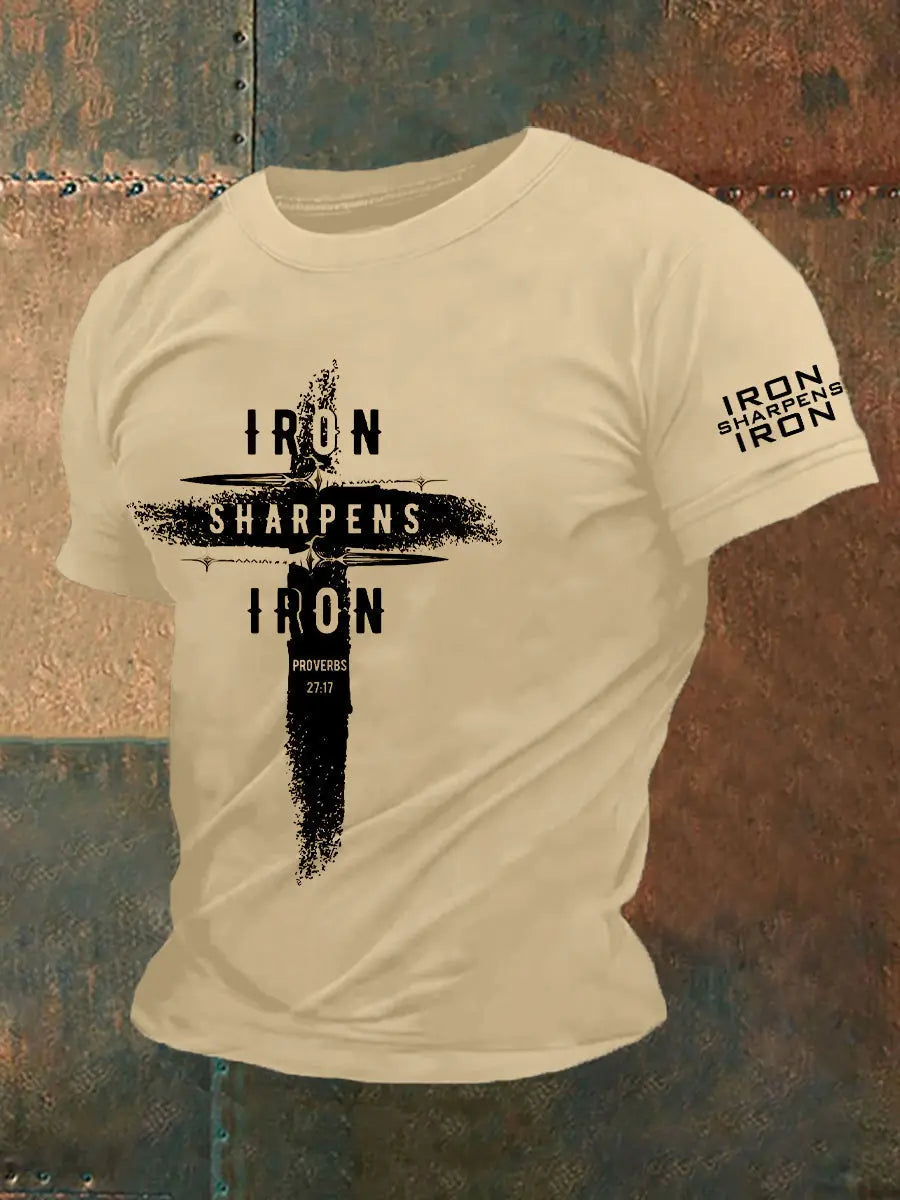 Men's Iron Sharpens Iro Faith Cross Printed Casual Short Sleeves T-shirt prairieply