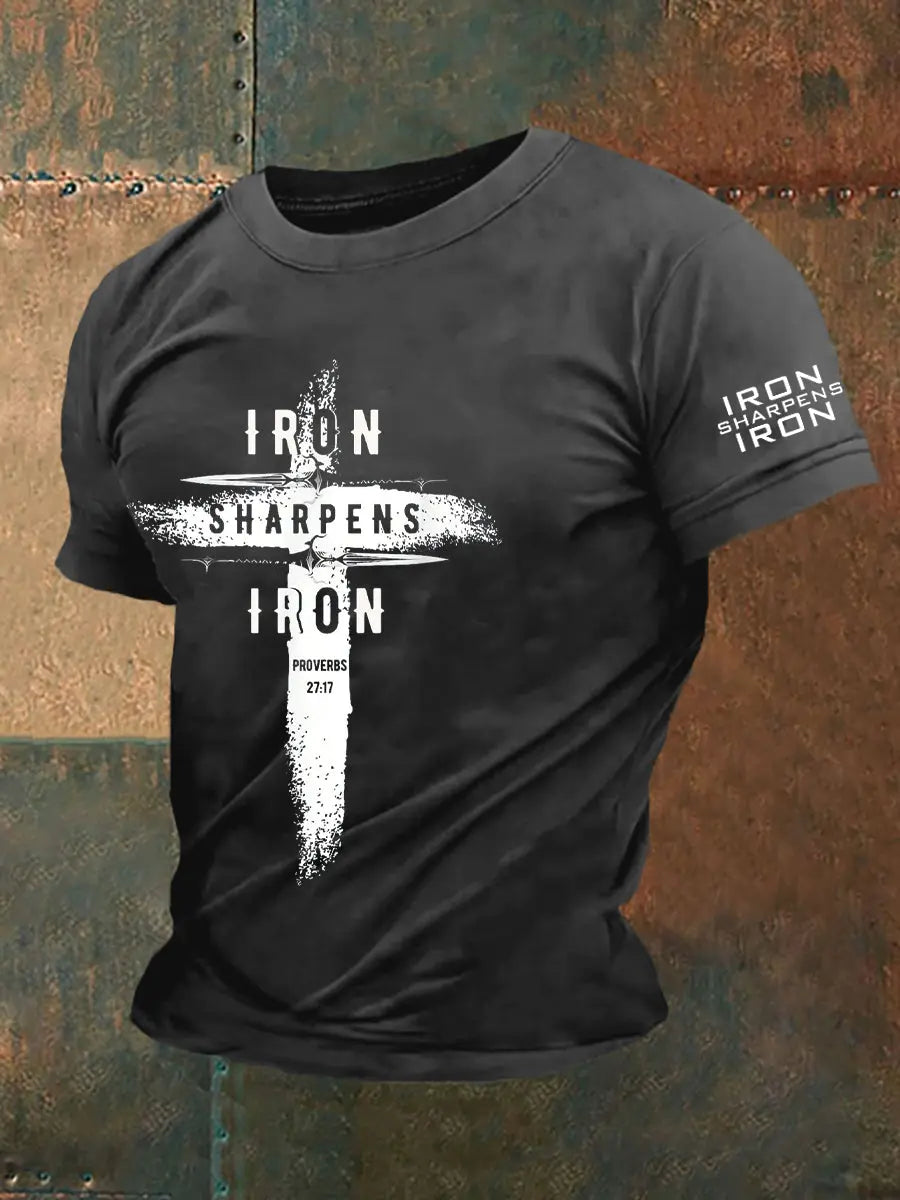 Men's Iron Sharpens Iro Faith Cross Printed Casual Short Sleeves T-shirt prairieply